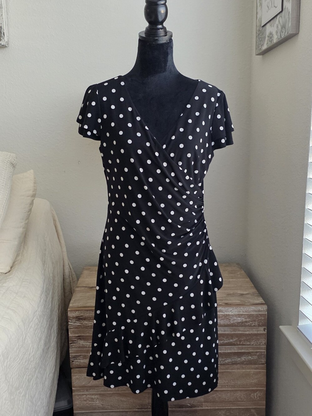 Ralph Lauren Black and White Polka Dot Wrap-Style Dress